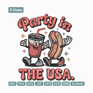 Könnte beinhalten: Cartoon-Illustration mit dem Text "Party in THE USA". Das Bild zeigt einen lächelnden Soda-Becher und einen Hotdog, beide mit Armen und Beinen, die zusammen gehen. Das Design enthält Sterne und ist im Retro-Stil gehalten.