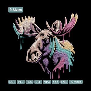 May include: A colorful embroidered moose design on a black background. The moose features a detailed, textured appearance with shades of purple, blue, pink, and gold. The image includes the text "9 Sizes" and various file format abbreviations.