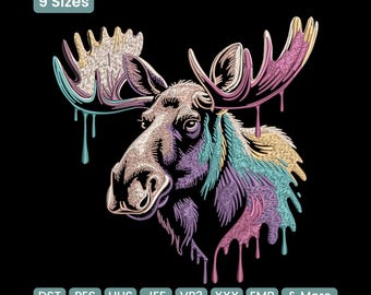 Colorful Moose Head Embroidery Design, Wildlife Animal Illustration Machine Embroidery File – DST PES JEF, 9 Sizes