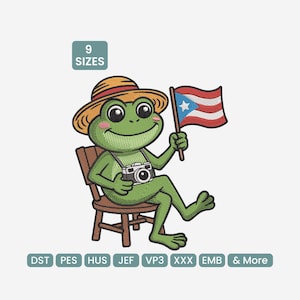 May include: A cartoon frog wearing a straw hat and holding a camera and a Puerto Rican flag. The frog is sitting on a wooden chair. The image includes the text "9 SIZES" and embroidery file formats.