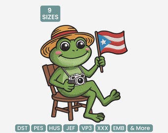 Puerto Rico Frog Flag Embroidery Design – Patriotic Tropical Animal Machine Embroidery Pattern, DST, PES, JEF & More