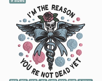 Nurse Skull Caduceus Embroidery Design, Medical Quote EMT Style Machine Embroidery File – DST PES , 9 Sizes