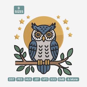 May include: An embroidered design featuring a blue and white owl perched on a branch, set against a golden moon and surrounded by gold stars. The design includes the text "9 SIZES" and various file type abbreviations.
