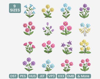May include: A collection of embroidered floral designs in various colors, including blue, yellow, pink, and purple. The image includes the text "9 Sizes" and file type abbreviations such as DST, PES, and EMB.