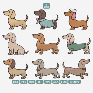 Puede incluir: Nueve ilustraciones de dibujos animados de perros salchicha en varios colores, algunos con suéteres o accesorios. La imagen incluye el texto "9 SIZES" en la parte superior y abreviaturas de tipo de archivo en la parte inferior.