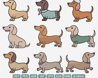 Dachshund Embroidery Bundle, Wiener Dog Sausage Dog Puppy Set, Sweater & Hat Embroidery Design, PES VP3 JEF, 9 Sizes