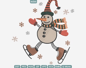 Diseño de bordado de muñeco de nieve navideño, patrón de baile navideño en formato PES, bordado a máquina de invierno festivo en formato DST, incluye 9 tamaños