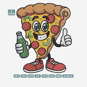 May include: A cartoon pizza slice character with a smiling face, holding a green bottle and giving a thumbs-up. The pizza has pepperoni, green peppers, and a golden crust. The character wears red sneakers. Text on the image reads "9 Sizes".