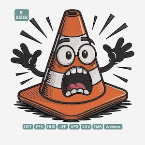 May include: An embroidered design featuring a cartoon traffic cone with a surprised expression. The cone is orange with white stripes and has large eyes and an open mouth. Black arms and radiating lines emphasize the surprised look. The text "9 SIZES" is in the upper left corner.