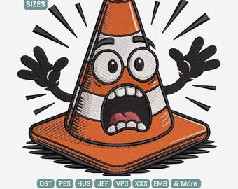 Funny Cone Character Embroidery Design, Cartoon Safety Cone, Humor Construction Machine Embroidery File DST JEF PES, 9 Sizes
