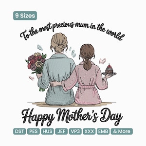 Puede incluir: Ilustración del Día de la Madre con dos figuras abrazándose, una con flores, la otra con una magdalena. El texto dice "To the most precious mum in the world" y "Happy Mother's Day". Incluye formatos de archivo.