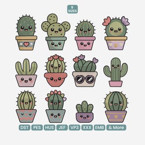 May include: A collection of twelve cartoon cactus illustrations in various pots. The cacti are green with smiling faces and some have flower accents. The pots are in various colors, including pink, green, and purple. The text "9 SIZES" is at the top.