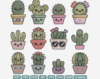 Kawaii Cactus Pot Embroidery Bundle, Succulent Plant Faces Embroidery Pattern Collection, DST PES JEF, 9 Sizes