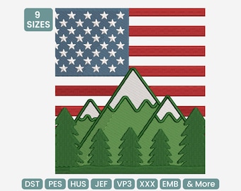 American Flag Mountain Embroidery Design – Patriotic Hiking Machine Embroidery File, 9 Sizes Included, DST, PES & More
