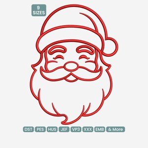 May include: A red outline of Santa Claus's face, including his hat, eyes, nose, and beard. The image includes the text "9 SIZES" in the upper left corner and the file types "DST PES HUS JEF VP3 XXX EMB & More" at the bottom.