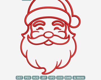 May include: A red outline of Santa Claus's face, including his hat, eyes, nose, and beard. The image includes the text "9 SIZES" in the upper left corner and the file types "DST PES HUS JEF VP3 XXX EMB & More" at the bottom.