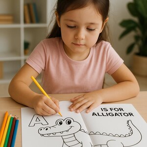 Può includere: Un bambino sta colorando una pagina in un libro da colorare con il testo "A is for Alligator". L'illustrazione dell'alligatore è delineata in nero. Un set di matite colorate è sul tavolo.