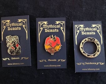 Mythical Beasts Enamel Pins | unicorn, Phoenix, fantastic beasts, alchemy, fire element, lapel pin