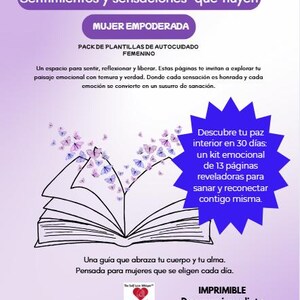 May include: A digital download graphic with text in Spanish. The design features an open book with butterflies, a starburst with text, and a heart logo. The text includes phrases like "Sentimientos y sensaciones que fluyen" and "Descubre tu paz interior en 30 días."