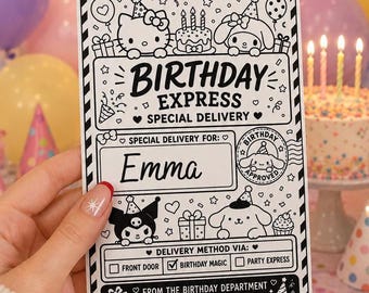 Könnte beinhalten: Eine rechteckige weiße Karte mit schwarzer Strichzeichnung von Sanrio-Figuren, einer Geburtstagstorte und Geschenken. Der Text lautet Birthday Express Special Delivery, Special Delivery For: Emma, Birthday Approved und From The Birthday Department.