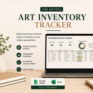 Può includere: Un laptop mostra un foglio di calcolo "ART INVENTORY TRACKER". Lo schermo mostra tabelle di dati e grafici. L'immagine include il testo: "FOR ARTISTS", "DOWNLOAD ISTANTANEO", "GOOGLE SHEETS & EXCEL", "DASHBOARD OVERVIEW", "AUTOMATIC CALCULATIONS" e "EASY TO USE".