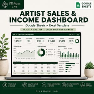 Può includere: Un modello di dashboard per vendite e ricavi di artisti su Google Sheets ed Excel. Lo schermo mostra metriche finanziarie, tra cui ricavi totali, ordini, reddito netto, spese e margine di profitto, insieme a grafici a linee, a torta e a barre.