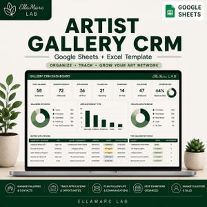 Può includere: Una dashboard digitale intitolata Artist Gallery CRM per Google Sheets ed Excel. Lo schermo mostra visualizzazioni di dati tra cui grafici a torta, grafici a barre e tabelle che tracciano contatti di gallerie, candidature e opportunità espositive.