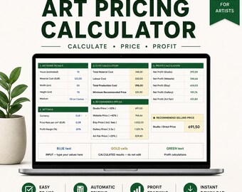 Konstpriskalkylator för konstnärer, Google Sheets-mall, konstnärsvinstkalkylator, kalkylblad för konstverksprissättning, galleriprissättning