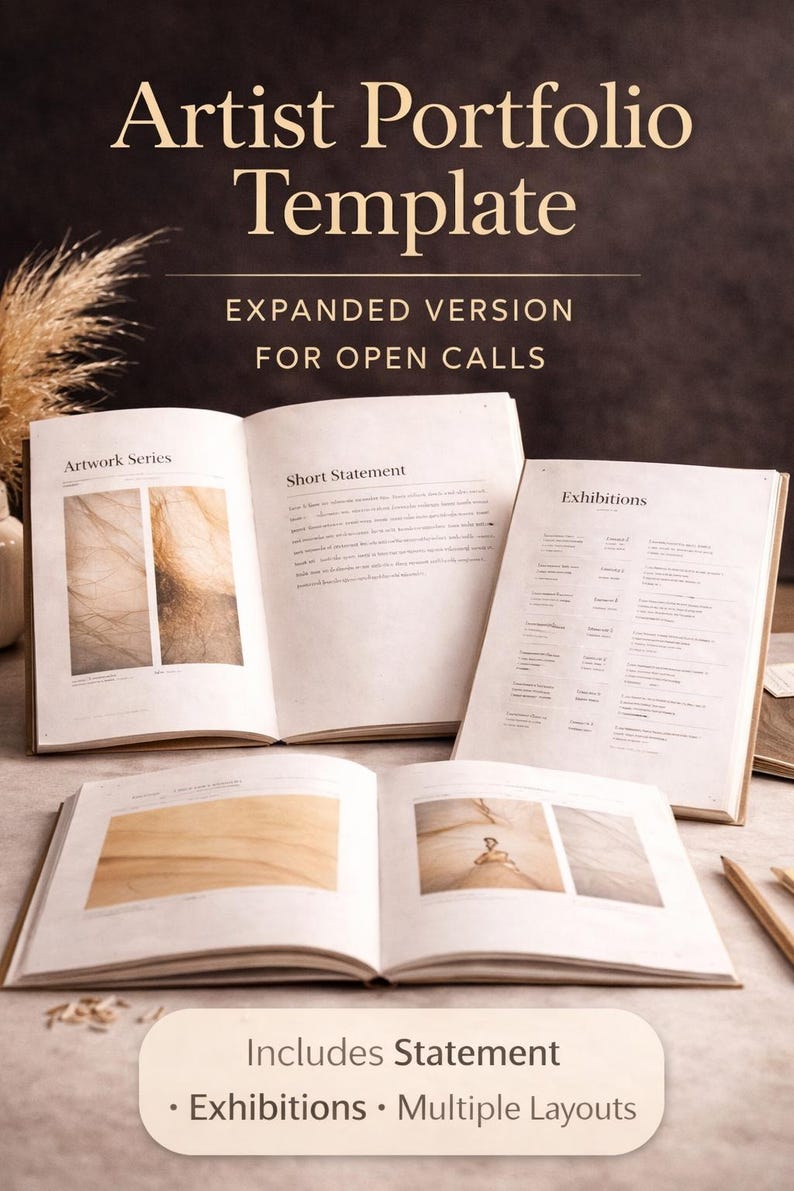Pu&ograve; includere: Un modello di portfolio per artisti con libri aperti le cui pagine mostrano serie di opere, brevi dichiarazioni ed elenchi di mostre. Il testo recita Artist Portfolio Template, Expanded Version For Open Calls, Includes Statement, Exhibitions, Multiple Layouts.