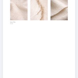 Pu&ograve; includere: Un layout digitale con tre pannelli rettangolari che mostrano superfici beige testurizzate, simili a tessuto e intonaco. Sotto il primo pannello, il testo riporta Series Title 2022-2025. La composizione &egrave; disposta su uno sfondo bianco uniforme.