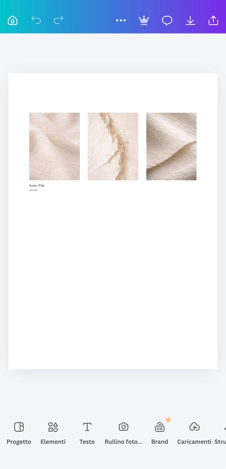 Pu&ograve; includere: Un layout digitale con tre pannelli rettangolari che mostrano superfici beige testurizzate, simili a tessuto e intonaco. Sotto il primo pannello, il testo riporta Series Title 2022-2025. La composizione &egrave; disposta su uno sfondo bianco uniforme.