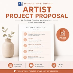 Può includere: Un modello Microsoft Word per una proposta di progetto artistico con sezioni per descrizione del progetto, concetto, materiali, tecniche, cronoprogramma e risultati attesi, completo di un badge circolare che indica la modificabilità in Word.