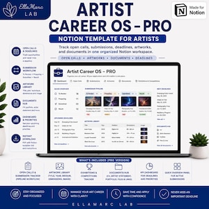 Könnte beinhalten: Eine digitale Notion-Vorlage mit dem Titel Artist Career OS - PRO für Künstler zur Nachverfolgung von Einreichungen, Fristen und Kunstwerken. Die Benutzeroberfläche zeigt ein Dashboard mit einer Einreichungs-Pipeline, einer Kunstwerk-Bibliothek und einem Dokumenten-Hub.
