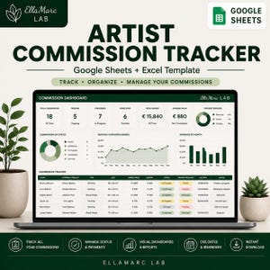 Può includere: Un modello digitale per il monitoraggio delle commissioni artistiche per Google Sheets ed Excel visualizzato su uno schermo di un portatile. La dashboard presenta visualizzazioni dei dati, inclusi grafici a torta, a linee e a barre.