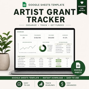 Può includere: Un modello Google Sheets per il monitoraggio delle sovvenzioni per artisti visualizzato su uno schermo di un portatile. La dashboard mostra il totale delle domande, i fondi richiesti, i tassi di successo e le scadenze imminenti.