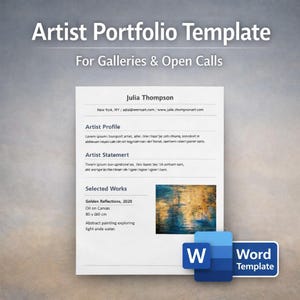 Può includere: Un modello di portfolio di artista bianco con il titolo "Artist Portfolio Template" e il sottotitolo "For Galleries & Open Calls". Il modello include sezioni per un profilo artista, una dichiarazione e opere selezionate. Un logo del modello Word si trova in basso a destra.