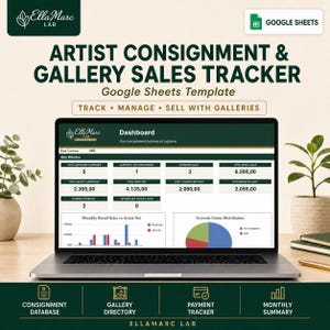 Op de afbeelding: Een digitaal Google Sheets-sjabloon getiteld Artist Consignment & Gallery Sales Tracker op een laptopscherm. Het dashboard bevat belangrijke statistieken, een staafdiagram voor maandelijkse verkopen en een cirkeldiagram.