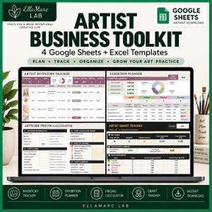 May include: A digital artist business toolkit displayed on a laptop screen, featuring four Google Sheets and Excel templates: Artist Inventory Tracker, Exhibition Planner, Artwork Pricing Calculator, and Artist Grant Tracker, with text headers.