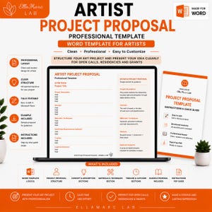 Può includere: Un modello digitale di proposta di progetto artistico per Microsoft Word, con lo schermo di un portatile che mostra un layout di documento strutturato con sezioni per descrizione, concetto, materiali, cronoprogramma e risultati attesi in arancione e bianco.