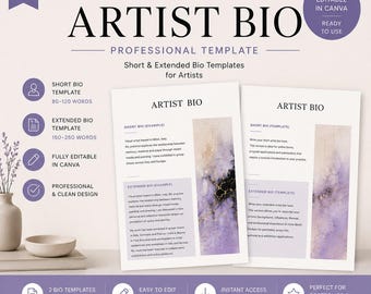 Mall för konstnärsbiografi för öppna utlysningar och gallerier | Redigerbar Canva-mall | Professionell konstnärsbiografi | Digitala nedladdningar