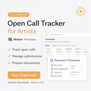 Open Call Tracker for Artists (Notion Template) | Track Art Submissions & Deadlines | Artist Application Organizer