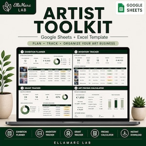 Può includere: Un modello digitale di toolkit per artisti per Google Sheets ed Excel visualizzato su uno schermo di un portatile. L'interfaccia presenta quattro sezioni: pianificatore di mostre, tracciatore di inventario, tracciatore di sovvenzioni e calcolatore.