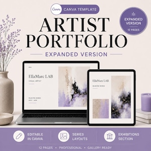 Pu&ograve; includere: Un modello di portfolio artistico digitale Canva da 12 pagine. Lo schermo mostra un laptop e un tablet con il testo EllaMarc LAB, Visual Artist e Selected Works 2022-2024. Il design include accenti viola e arte astratta.