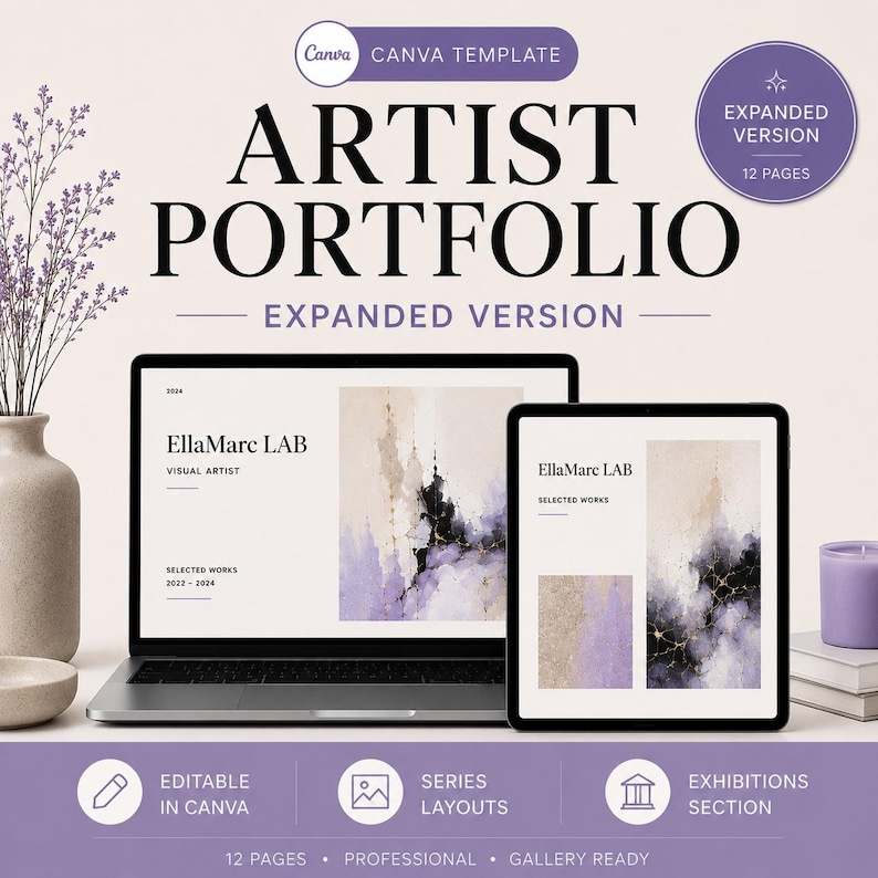 Pu&ograve; includere: Un modello di portfolio artistico digitale Canva da 12 pagine. Lo schermo mostra un laptop e un tablet con il testo EllaMarc LAB, Visual Artist e Selected Works 2022-2024. Il design include accenti viola e arte astratta.