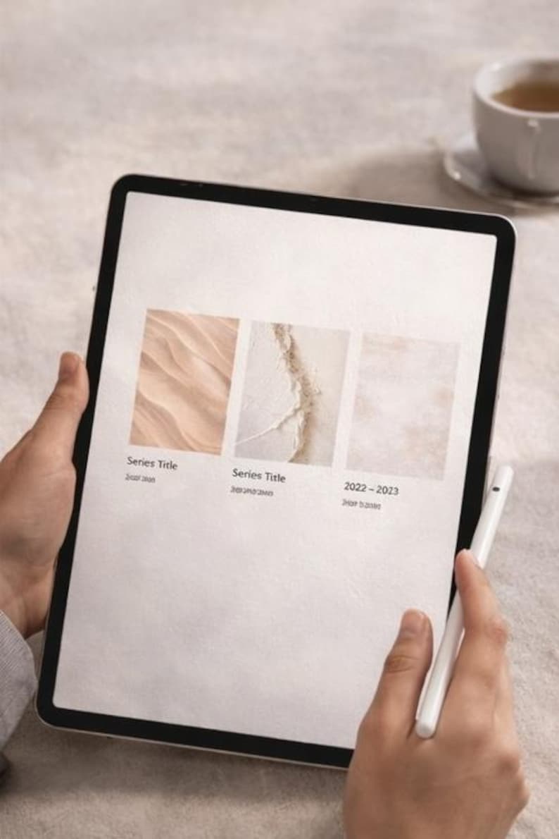 Pu&ograve; includere: Un tablet che mostra tre immagini rettangolari con texture beige e crema. Sotto le immagini, il testo riporta Series Title, Series Title e 2022-2023. Lo schermo ha uno sfondo bianco e il dispositivo &egrave; tenuto con una penna stilo bianca vicina.