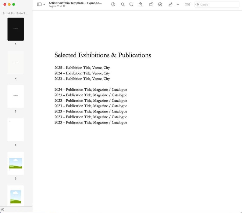 Pu&ograve; includere: Un modello di documento digitale intitolato Artist Portfolio Template che presenta una sezione per Selected Exhibitions & Publications. La pagina elenca segnaposto per anni, titoli di mostre, luoghi, citt&agrave; e titoli di pubblicazioni.