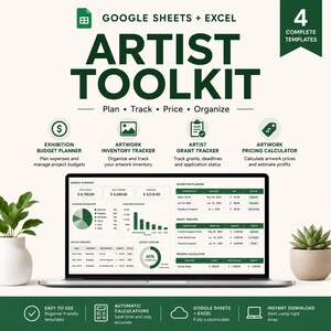以下が含まれることがあります： Google SheetsおよびExcel用のアーティスト向けツールキット。作品の計画、追跡、価格設定、整理のための4つのテンプレートが含まれています。インターフェースには、予算概要、経費内訳、展示プランナー、価格計算ツールが表示されています。