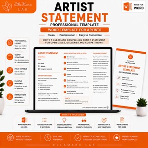 Può includere: Un modello digitale di dichiarazione dell'artista per Microsoft Word di EllaMarc LAB, visualizzato sullo schermo di un portatile. Il layout presenta testo arancione e bianco, una struttura guidata in sette fasi e una guida per le dichiarazioni.