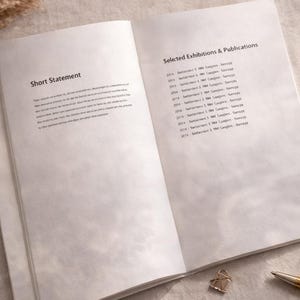 Pu&ograve; includere: Un libro aperto con pagine bianche e testo stampato in nero. La pagina sinistra &egrave; intitolata Short Statement, quella destra Selected Exhibitions & Publications, seguita da un elenco di anni e voci. Sono visibili una clip metallica e una penna.