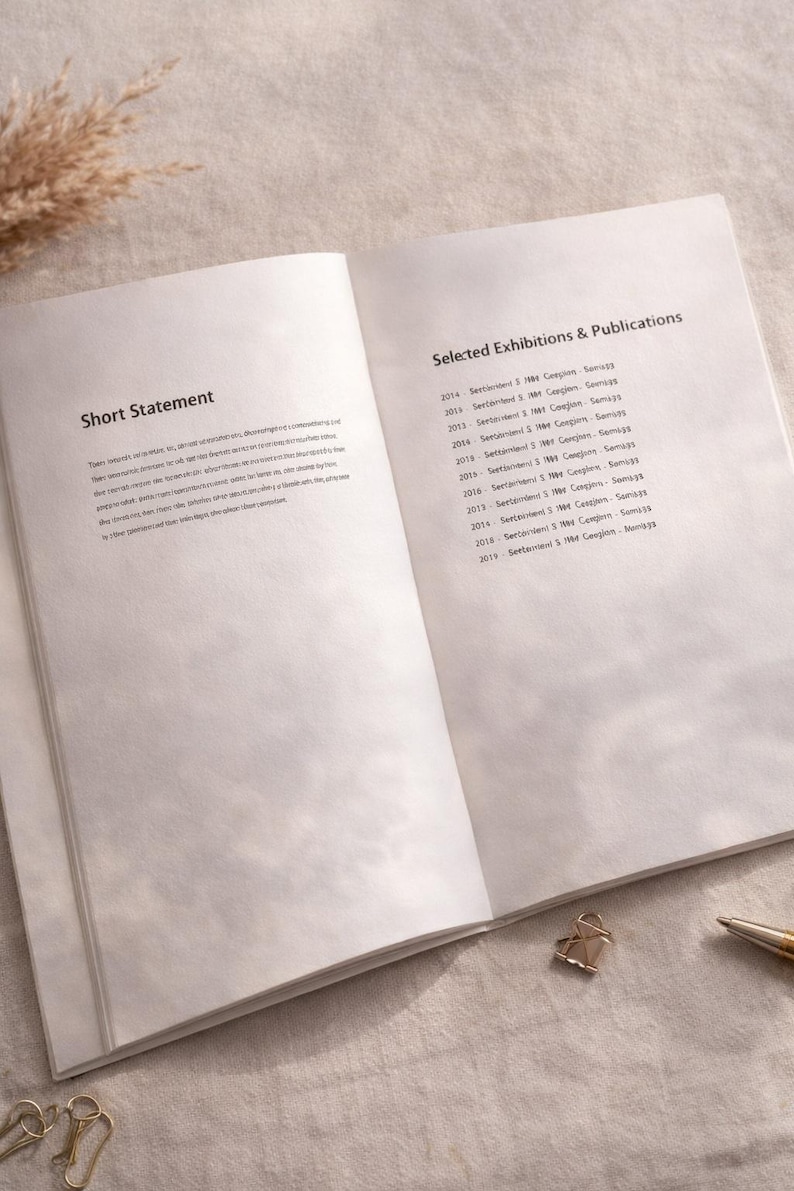 Pu&ograve; includere: Un libro aperto con pagine bianche e testo stampato in nero. La pagina sinistra &egrave; intitolata Short Statement, quella destra Selected Exhibitions & Publications, seguita da un elenco di anni e voci. Sono visibili una clip metallica e una penna.